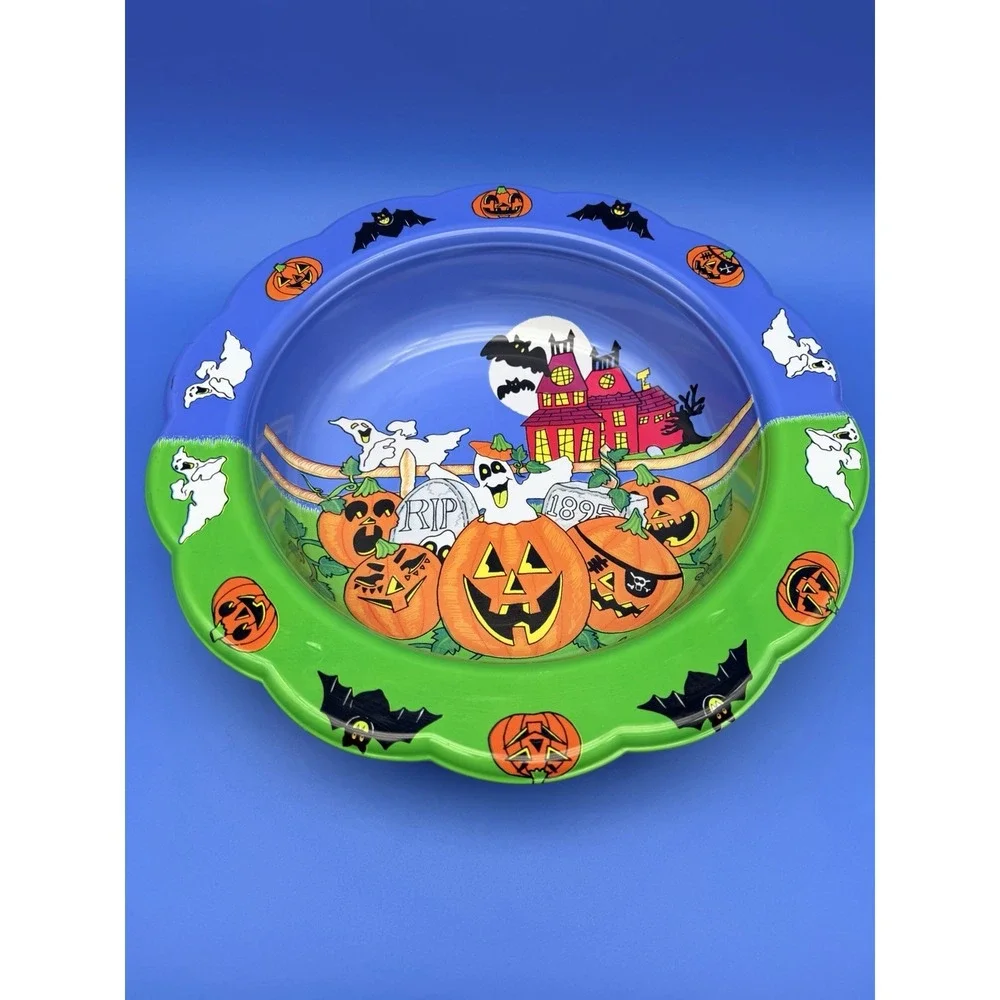 Vintage 1980s Halloween Candy Bowl Ullman Pumpkin Ghost Haunted House 14.5